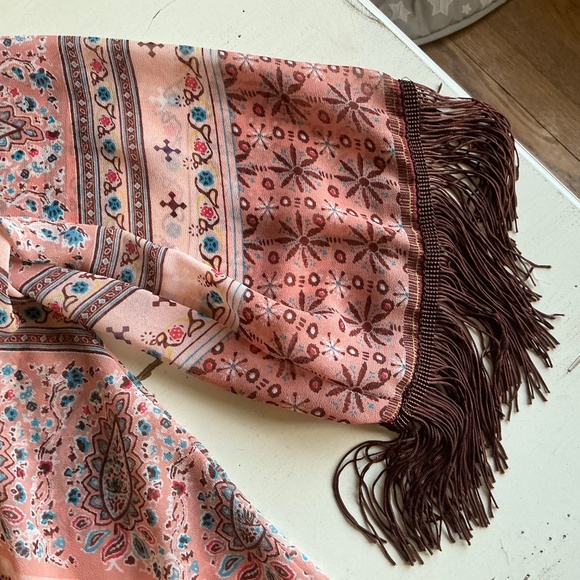 American Rag Boho Peach Brown Floral Fringe Festival Duster Kimono S M - Picture 5 of 10